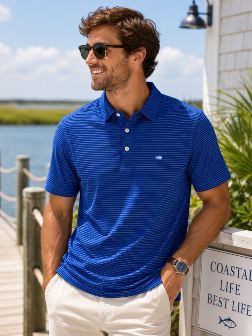 Southern Tide Blue Stripe Performance Polo Shirt Men’s Medium Classic Fit